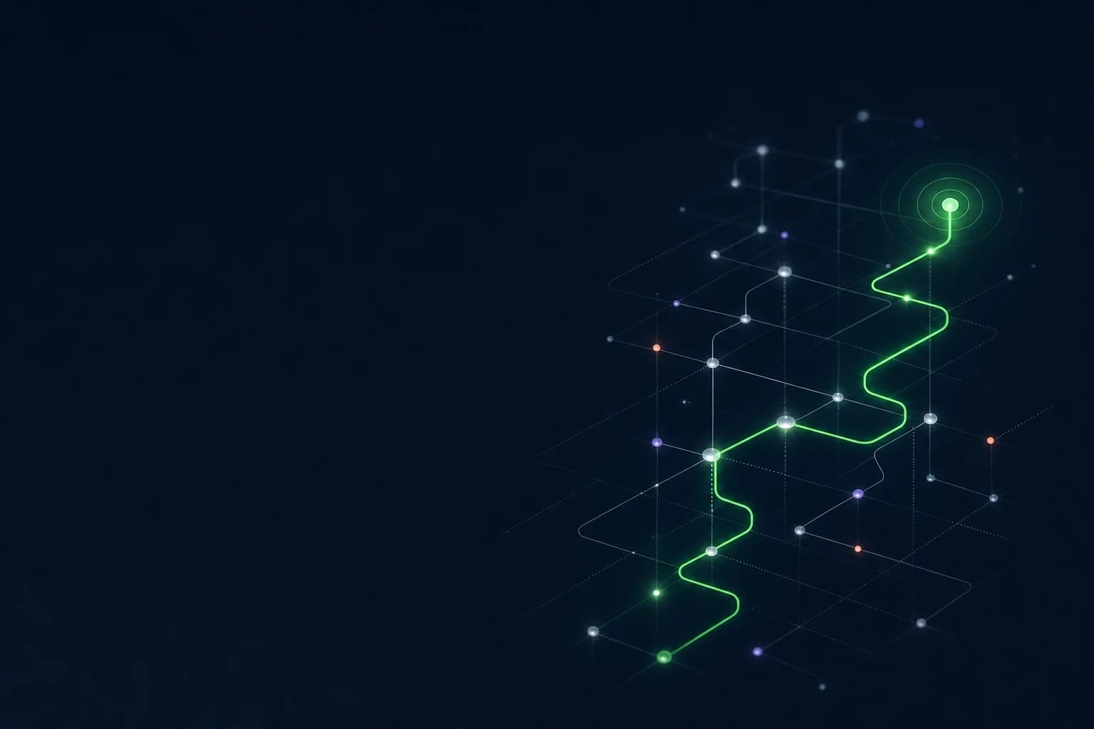 Abstract signal path moving through a dark code review graph